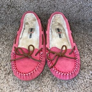 Minnetonka Slippers: Hot Pink "Cally" Moccasins